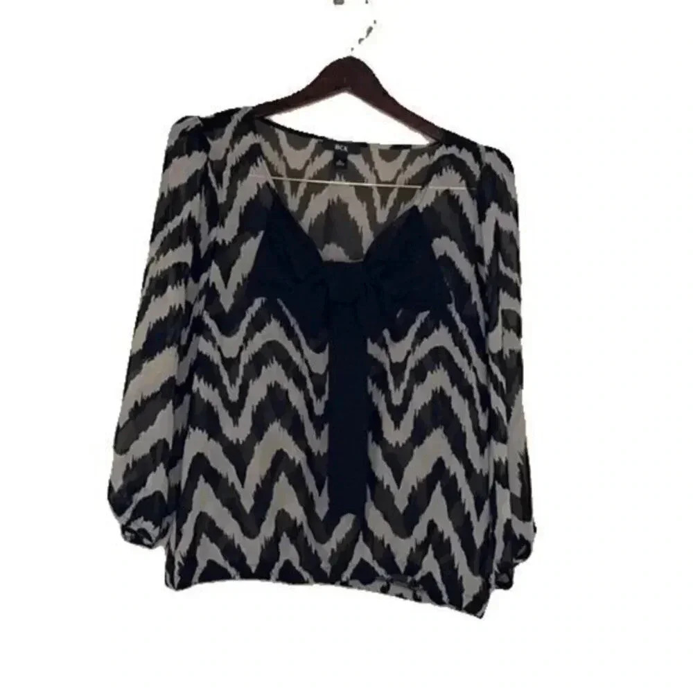 BCX Sheer Black Gray Chevron Stripe Blouse Top Size XL